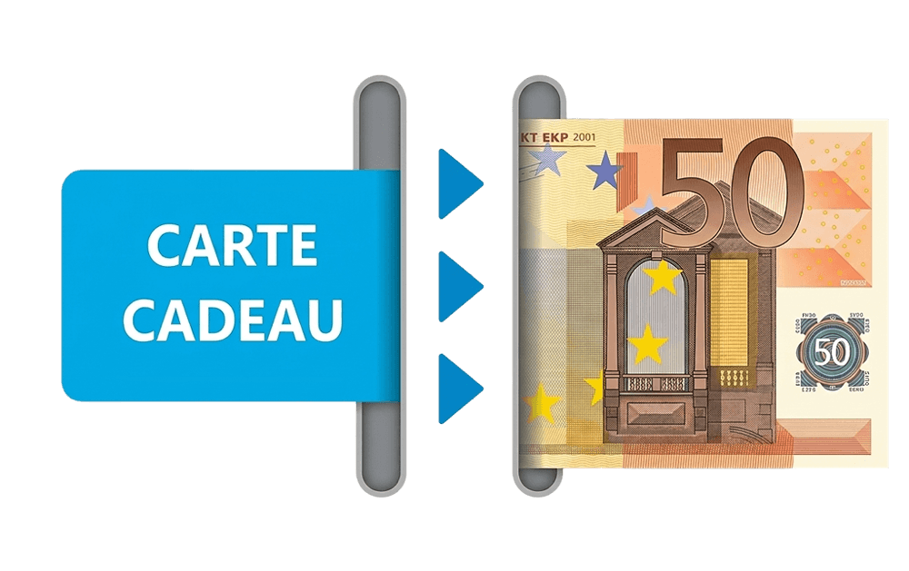 Achat revente des cartes cadeaux en France Une carte cadeau convertie en billet de banque, symbole de la revente d'un titre prépayé contre de l'argent